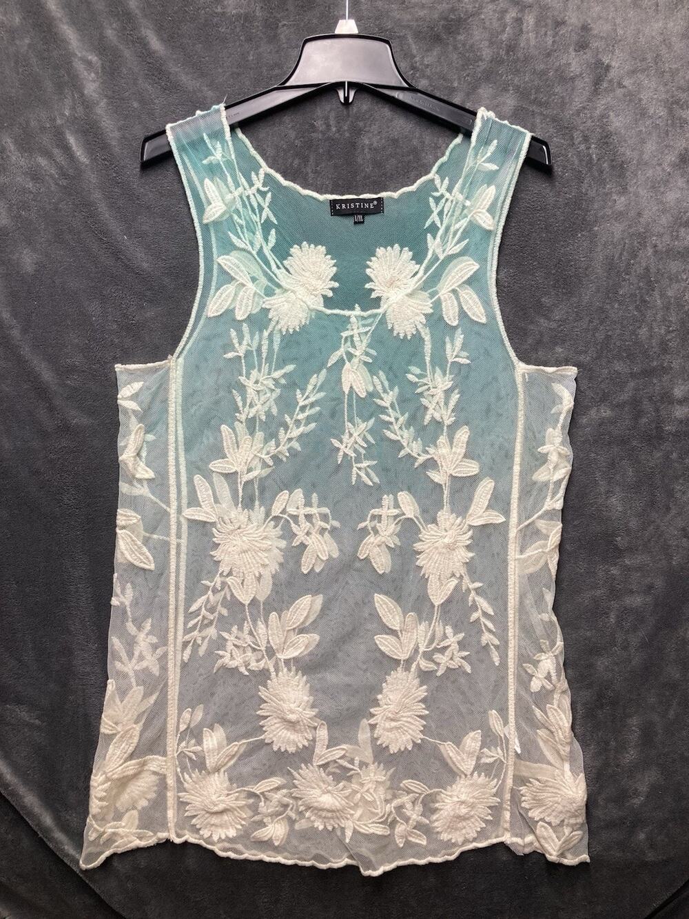 Kristine Sheer Tank Top White Floral Embroidery Aqua-White Ombré Mesh Fairy L/XL